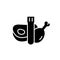 Cultured meat silhouette icon. Outline lab cultivation emblem. Test tube, chicken leg, steak. Future food black cartoon