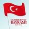 Cumhuriyet Bayrami kutlu olsun Turkey Happy Republic Day, october 29 greeting card with waving turkish national flag.