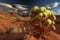 Cumulonimbus clouds above rusty red Mars landscape during terraforming planet. Generative AI