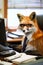 Cunning fox in business attire pretends to work in office setting with copy space for text placement