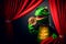 cunning green dragon holds a golden bitcoin in its paw, looking out from behind the red curtain of the theater wings
