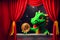 cunning green dragon holds a golden bitcoin in its paw, looking out from behind the red curtain of the theater wings