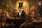 Cunning - looking fox, wearing a top hat and monocle, sitting at a grand piano and surrounded by other elegant animals in a