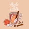 Cup of apple cidre with mulling spices. Illustration traditional hot drink at Christmas time. Autumn and winter holidays. Hand-