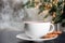 Cup of aromatic cacao with cookies on table, closeup.