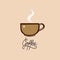 A cup of aromatic coffee. Coffee lettering. Emblem. Logo.