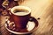 Cup of aromatic coffee over wooden table close up