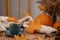 Cup of aromatic coffee, sweater and autumn leaves on table indoors, space for text