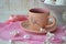 Cup of black coffee with fluffy airy zefir or zephir, russian dish. Vintage card in pink and white