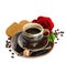 Cup of black coffee and red rose flower and cake on white