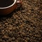 Cup black coffee on roasted coffee beans square format