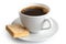A cup of black coffee with square shortbread biscuit isolated on