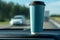 A cup of blue paper coffee on the car`s console.