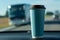 A cup of blue paper coffee on the cars console.