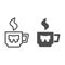 Cup with bow line and solid icon. Breakfast hot drink,mug, steam and ribbon symbol, outline style pictogram on white