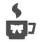 Cup with bow solid icon. Breakfast hot drink,mug, steam and ribbon symbol, glyph style pictogram on white background