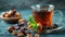 Cup or bowl filled with black tea on blue pallet background. Dates, walnuts and dried fruits with mint leaves on the side.