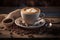 a cup of cappuccino with coffee beans on a corner of a wooden background.