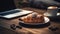 Cup Of Cappuccino And Pastries On Wooden Table With Laptop