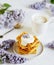 Cup with cappuccino, plate with Belgian waffles