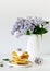 Cup with cappuccino, plate with Belgian waffles