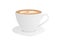 Cup with cappuccino side view. Porcelain white tableware with brown hot drink with froth.