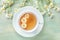 A cup of chamomile tea, shot from above on a teal blue background with fresh flowers