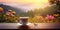 cup of chamomile tea on window top view beautiful floral morning landscape blurred light sunny Autumn Season Background