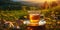 cup of chamomile tea on window top view beautiful floral morning landscape blurred light sunny Autumn Season Background