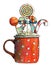 Cup with cocoa, coffee or tea with christmas decor - candies, lollipop, bow and berries.