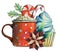 Cup with cocoa, coffee or tea and cupcake with christmas decor - candies, lollipop, poinsettia and berries.