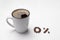 Cup of coffee and 0 percent made with beans on white background. Decaffeinated drink