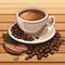 a cup of coffee with beans and almonds on a wooden background