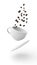 Cup and coffee beans isolated and floating on white background. Three-dimensional illustration