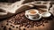 Cup of coffee with beans on the table drink rustic flavor aromatic organic old