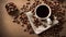 Cup of coffee beans on the table rustic drink aromatic organic decoration vintage