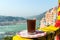 A Cup of coffee on a beautiful background of the city Rishikesh