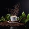 Cup of coffee on black background with coffee beans and green leaves