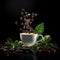 Cup of coffee on black background with coffee beans and green leaves