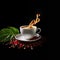 Cup of coffee on black background with coffee beans and green leaves