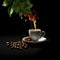 Cup of coffee on black background with coffee beans and green leaves