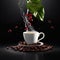 Cup of coffee on black background with coffee beans and green leaves