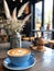 Cup of coffee in a blue cup with latte art in a beautiful aesthetic cafe on a black wooden table, morning lighting and cozy vibes