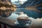 A cup of coffee with blurred background city and landscape
