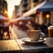 A cup of coffee with blurred background city and landscape