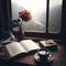 A cup of coffee, a book and a red rose in front of a window, rainy day morning view, ambient nature, generative ai