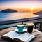 a cup of coffee and books on a wooden table on a sunset terrace overlooking the
