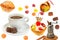 Cup of coffee, cake, chocolates and cinnamon isolated on white . Collage