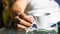 Cup of coffee. Cappuccino and black espresso coffe cup. Coffee drink. Close up of a man hands holding a hot coffe cups