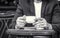 Cup of coffee. Cappuccino and black espresso coffe cup. Coffee drink. Close up of a man hands holding a hot coffe cups